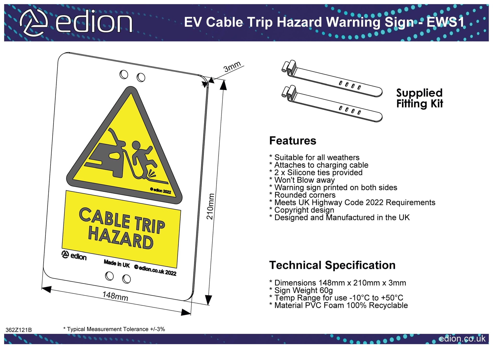Edion EV Charging Cable Trip Hazard Sign - Prevent Cable Trip Hazards ...